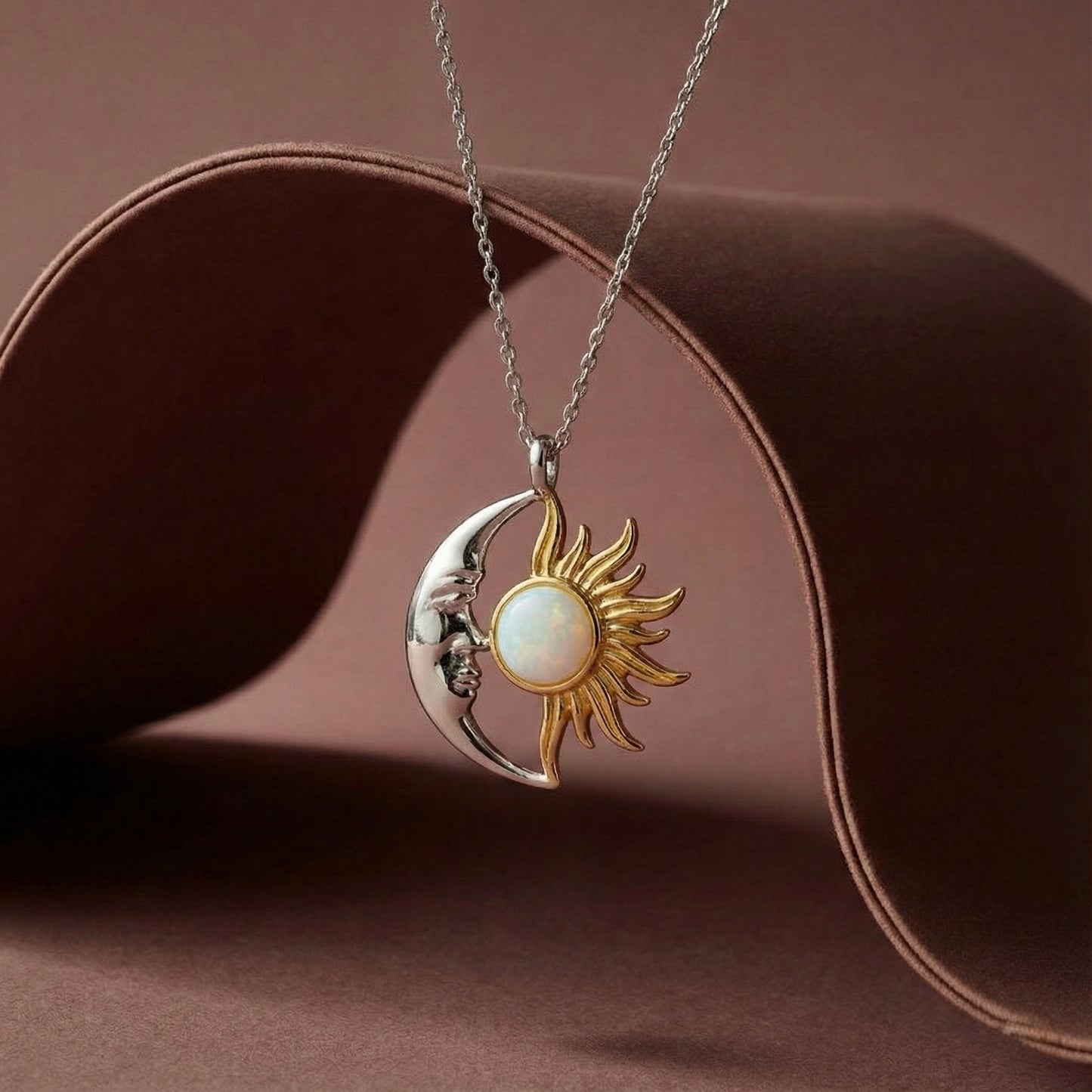Ay ve Güneş Opal Kolye - 925 Ayar Gümüş & 14K Altın Kaplama