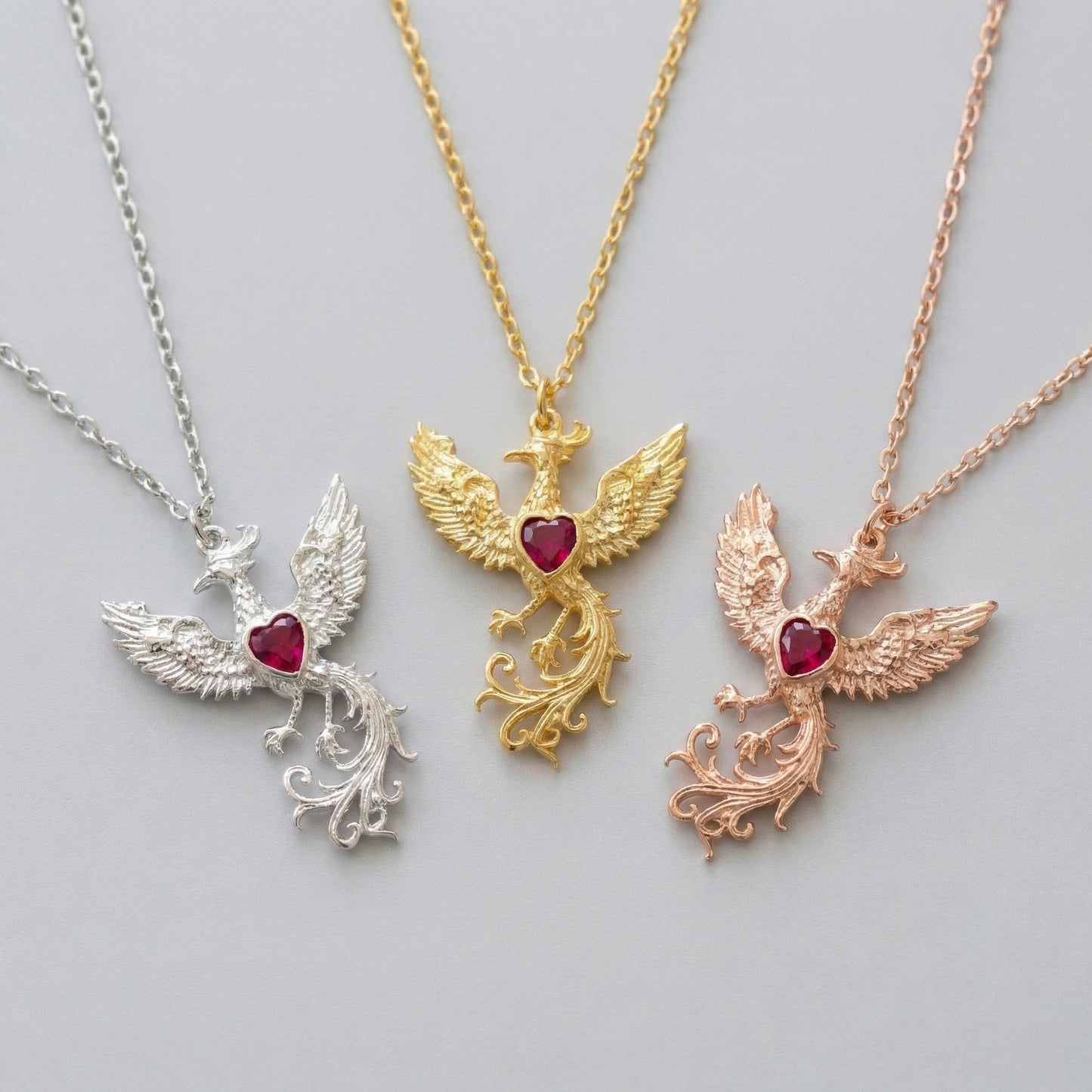 Fiery Red Phoenix Heart Kolye