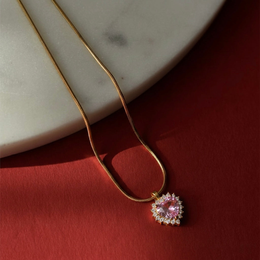 Pembe Kuvars Kalp Kolye - 14K Altın Kaplama