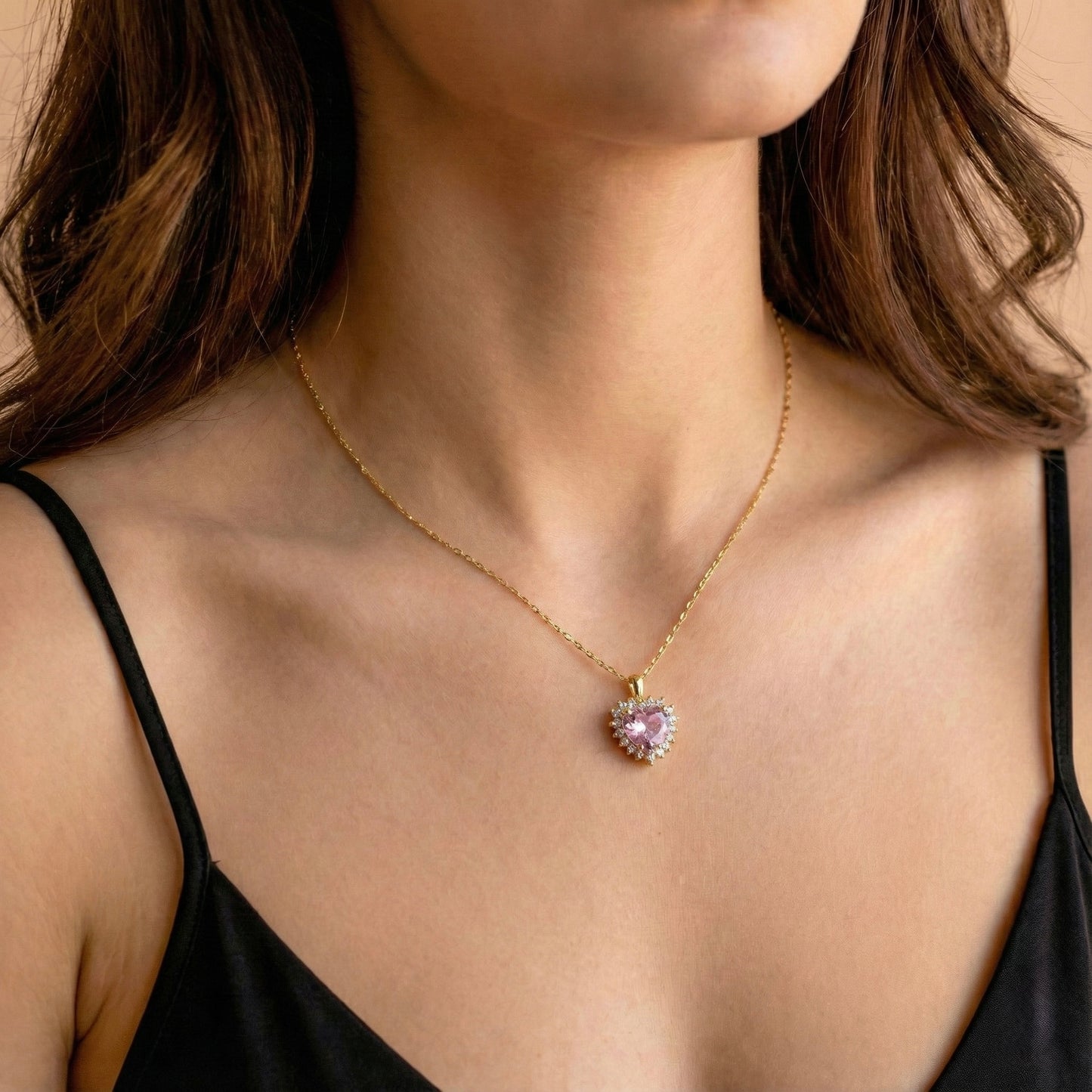 Pembe Kuvars Kalp Kolye - 14K Altın Kaplama