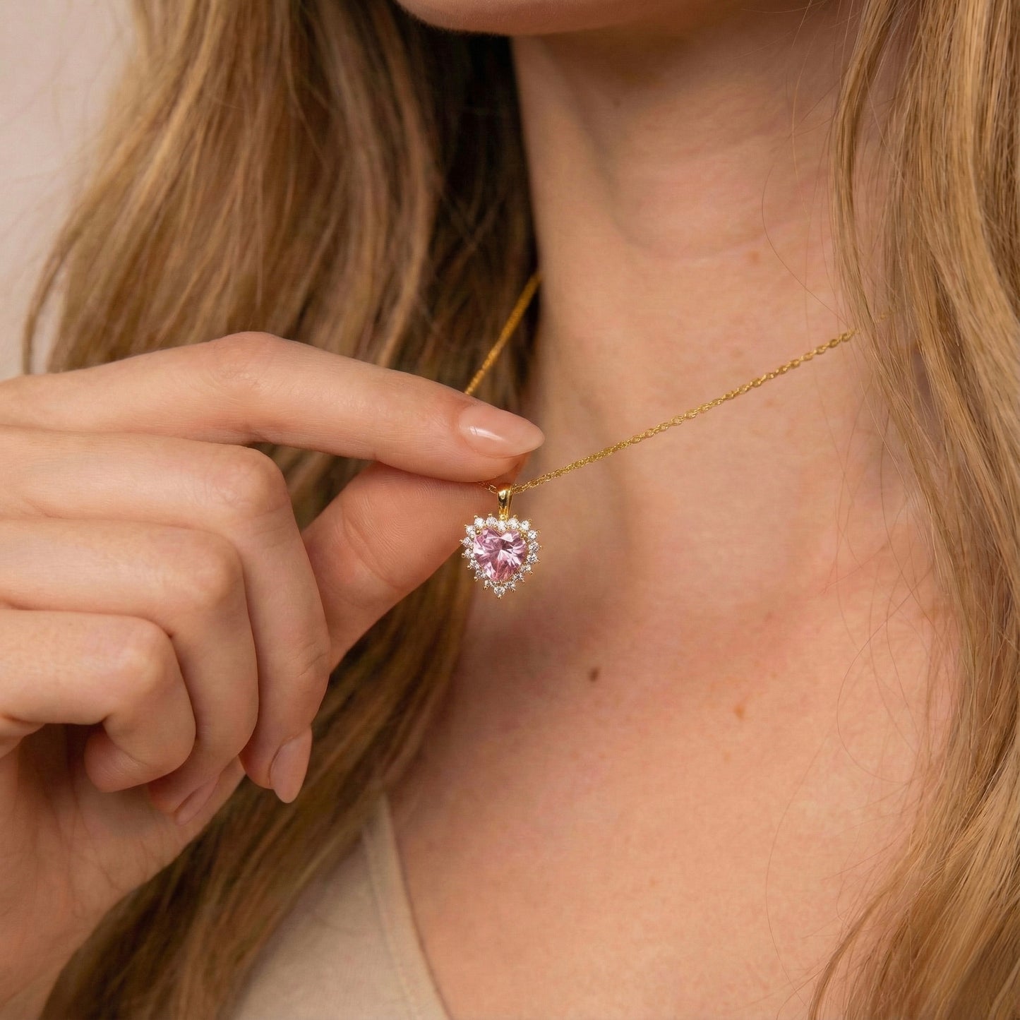 Pembe Kuvars Kalp Kolye - 14K Altın Kaplama