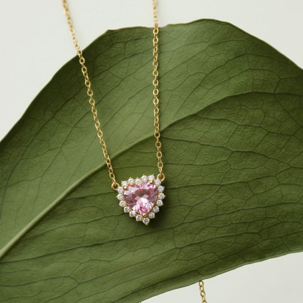 Pembe Kuvars Kalp Kolye - 14K Altın Kaplama