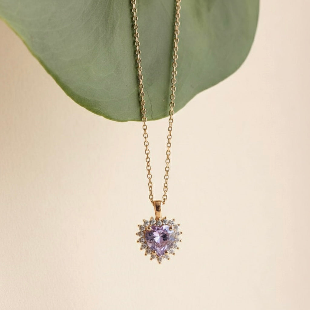 Mor Ametist Kalp Kolye - 14K Altın Kaplama