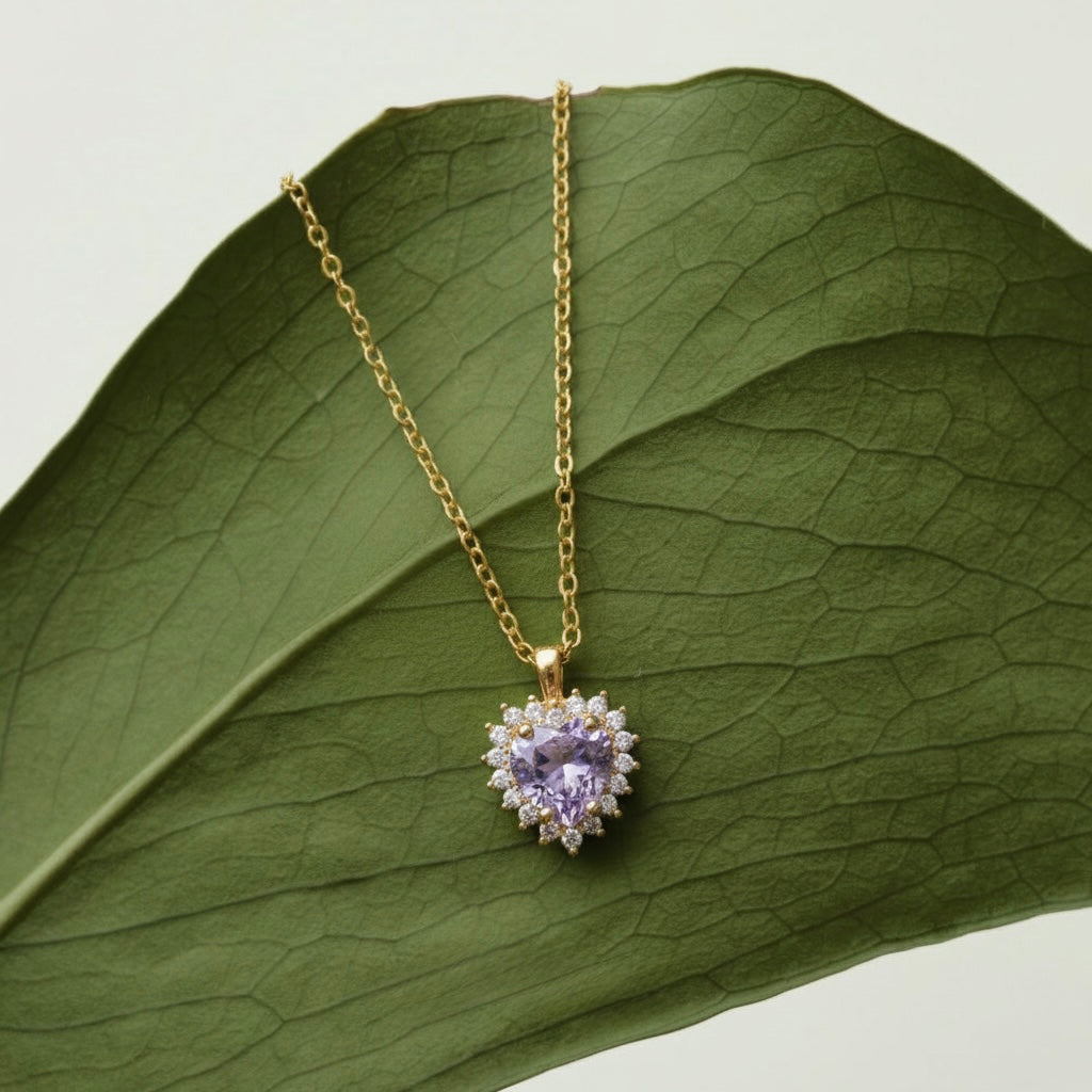 Mor Ametist Kalp Kolye - 14K Altın Kaplama