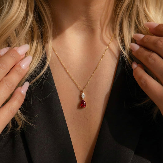 Kırmızı Damla Doğum Taşı Kolye - 14K Altın Kaplama