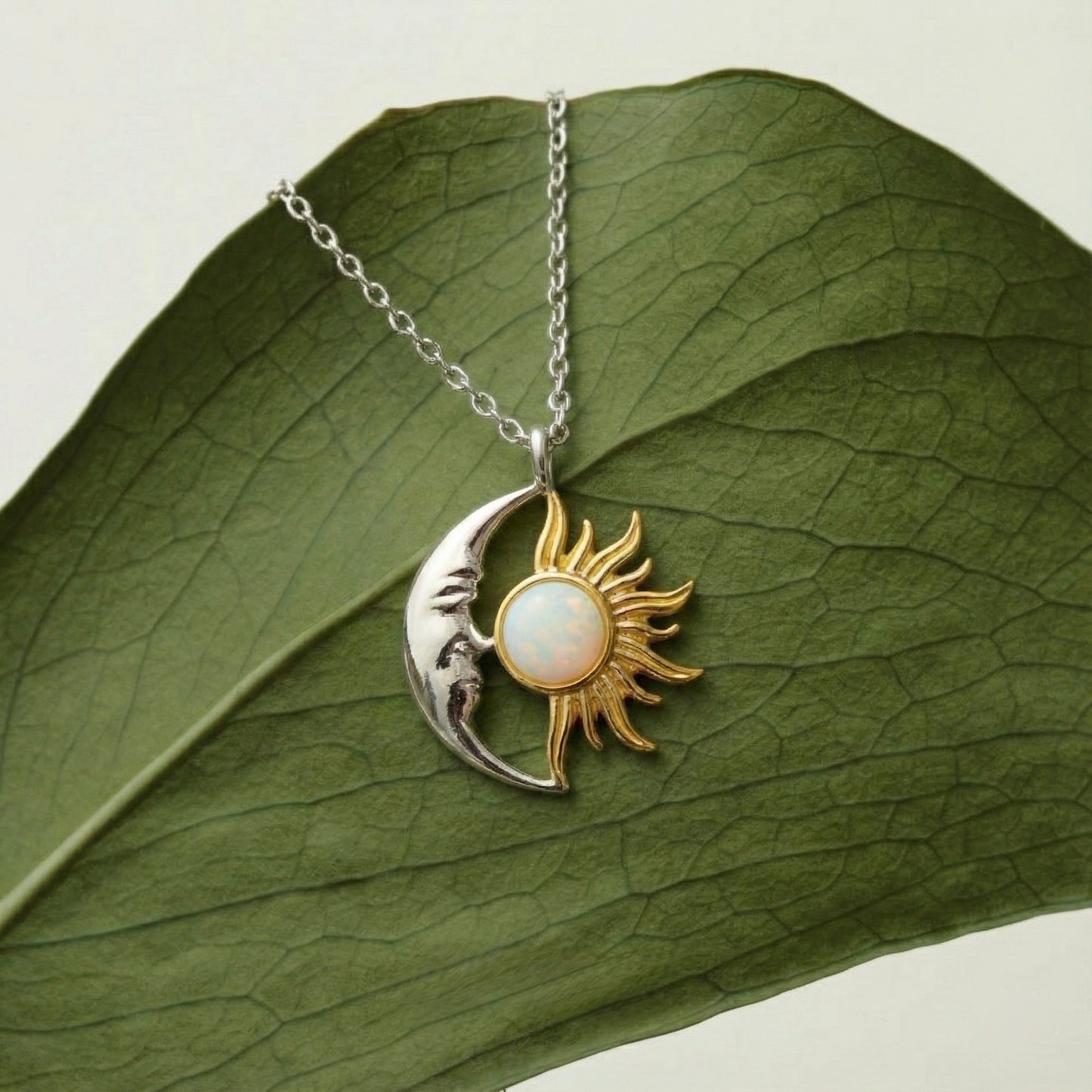 Ay ve Güneş Opal Kolye - 925 Ayar Gümüş & 14K Altın Kaplama