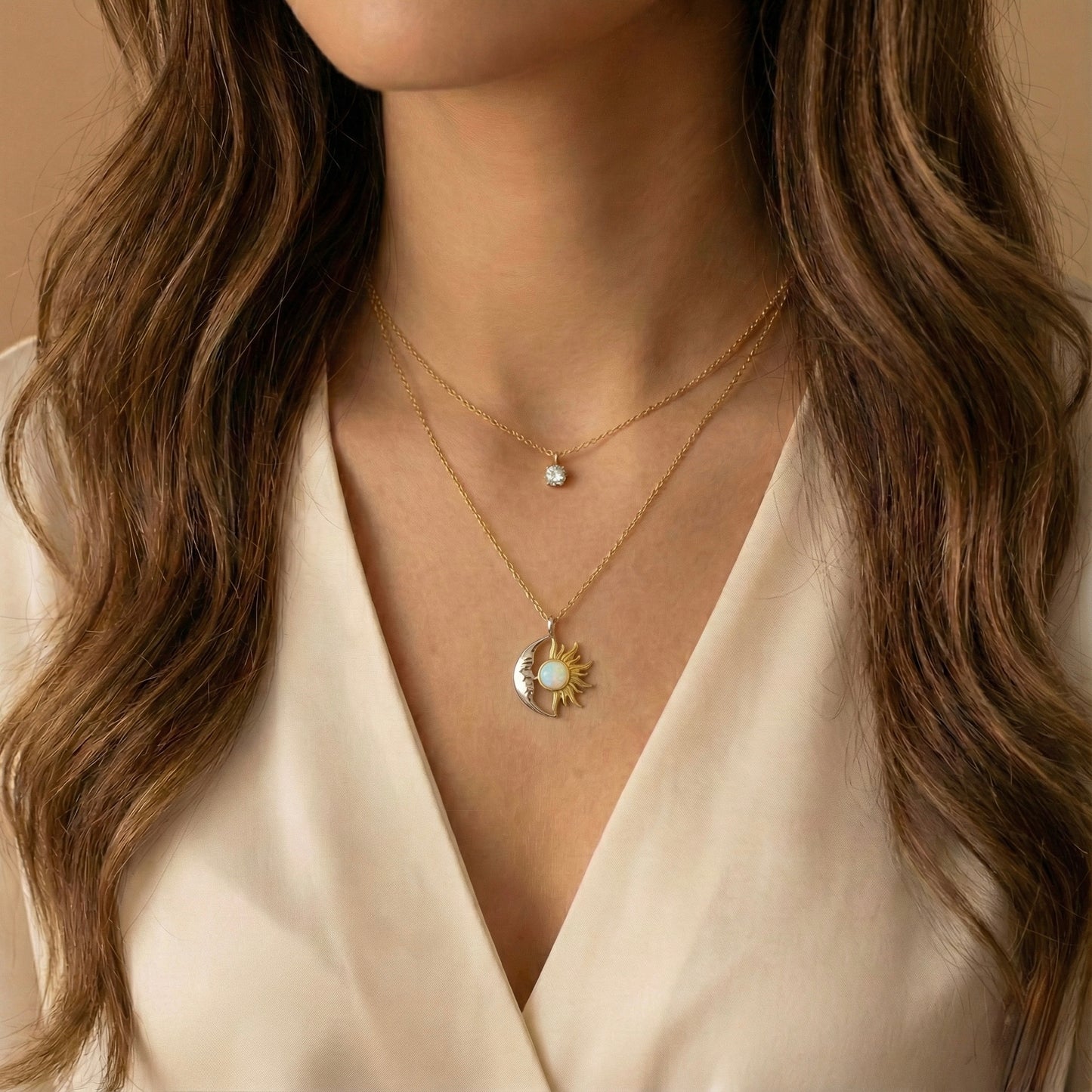 Ay ve Güneş Opal Kolye - 925 Ayar Gümüş & 14K Altın Kaplama