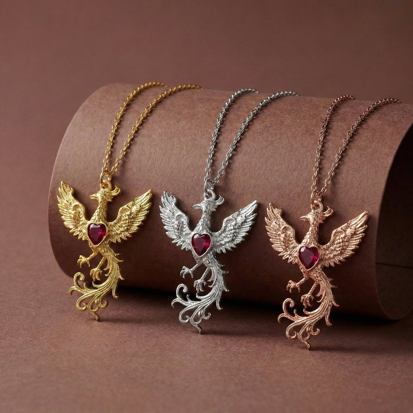 Fiery Red Phoenix Heart Kolye